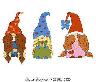 A set of Christmas gnome girls. Vector illustration in cartoon style