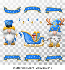 Set christmas gnome in a hat in the colors of the Ukrainian flag. Hand drawn illustration on transparent background. Hand drawing.  Vector illustration.