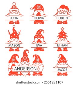 Set of Christmas gnome monogram with space for text. Christmas name sign. Peeking gnome face. Christmas design.