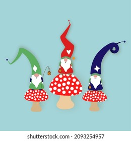 Set of Christmas Gnome on poisonous mushrooms. Scandinavian Nordic Gnome, Cute Christmas Santa Gnome Elf. Vector Illustration isolated on blue background. Xmas elements  design, invitations and cards