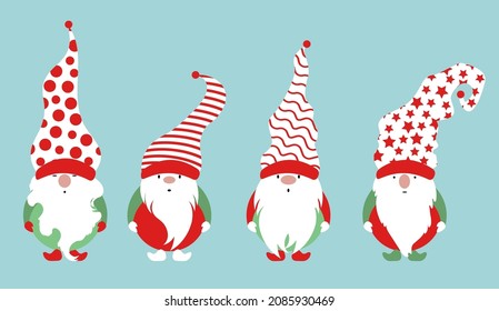 Set of Christmas Gnome, Scandinavian Nordic Gnome, Cute Christmas Santa Gnome Elf. Vector Illustration isolated on blue background. Xmas elements for design, invitations and greeting cards