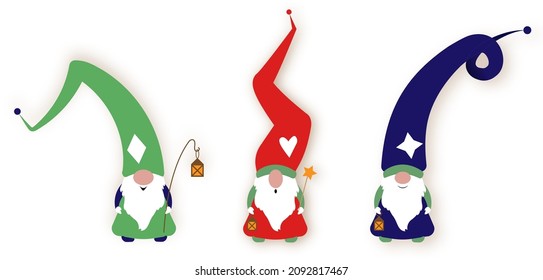 Set of Christmas Gnome, Scandinavian Nordic Gnome, Cute Christmas Santa Gnome Elf. Vector Illustration isolated on white background. Xmas elements for design, invitations and greeting cards