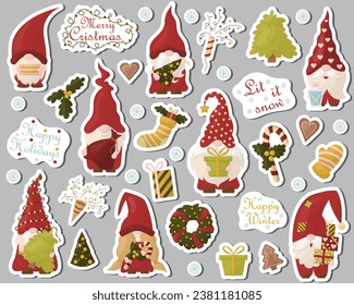 A set of Christmas gnome stickers. Vector illustration on a white background.