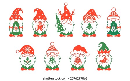 Set of Christmas gnomes. Cute holiday characters with gifts and christmas symbols. Collection of vector signs, icons and design elements.