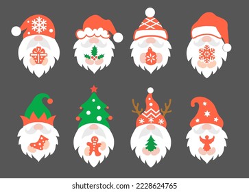 Juego de gnomos de Navidad. Personajes vacacionales con símbolos navideños. Colección de signos vectoriales, iconos y elementos de diseño.