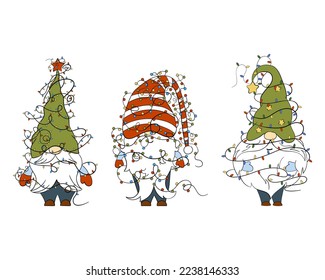 A set of Christmas gnomes with garlands. Vector illustration in cartoon style