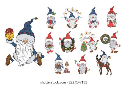 Set of Christmas gnomes isolated on white. Vector hand drawn illustrations.