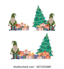 Set of Christmas gnomes with a mountain of gifts and a Christmas tree. Vector.