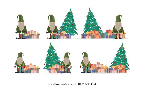 Set of Christmas gnomes with a mountain of gifts and a Christmas tree. Little man with a white beard in black clothes isolated on a white background. Vector.