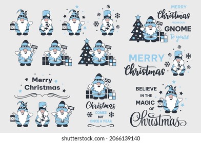 Set of Christmas gnomes. Christmas quotes and sayings. Winter holidays.