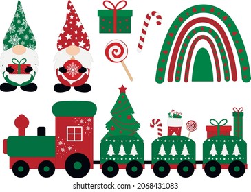 Set Christmas Gnomes rainbow train vector illustration