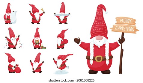 A set of Christmas gnomes in a red suit and a hat. Holding a gift, a garland, a scroll, a bag of gifts, skating. A collection of cute cartoon characters isolated on white. Color vector illustration.