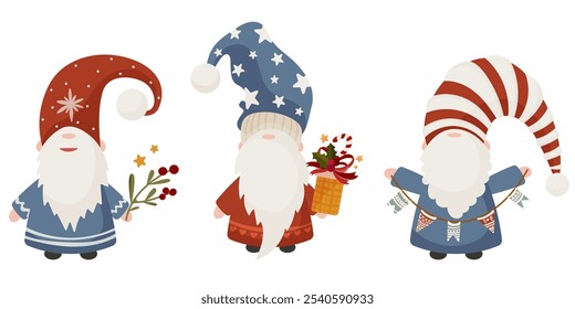 Set of Christmas gnomes Santa Claus with winter branches with berries and leaves, gift box and flags garland. Vector Design. Cute characters. Cartoon Illustration for greeting cards, social media