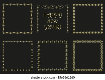 set of christmas gold square frames isolated on  black background, flat vector illustration