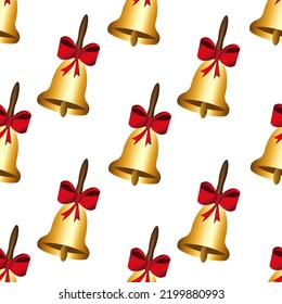 Set of christmas golden bell with red ribbon on white background. Vector illustration with golden bell pattern. First call concept. Time to go to school.