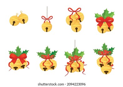 Juego de campanas de oro de Navidad con arcos y hueso. Una campana con bayas. Decoración navideña. Ilustración vectorial.