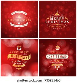 Set of Christmas golden and red greeting card templates. Vintage typographic badges, labels. Christmas snowflakes background. Vector Illustration
