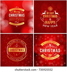 Set of Christmas golden and red greeting card templates. Vintage typographic badges, labels. Christmas snowflakes background. Vector Illustration