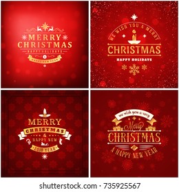 Set of Christmas golden and red greeting card templates. Vintage typographic badges, labels. Christmas snowflakes background. Vector Illustration