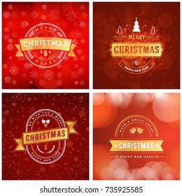 Set of Christmas golden and red greeting card templates. Vintage typographic badges, labels. Christmas snowflakes background. Vector Illustration