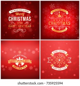 Set of Christmas golden and red greeting card templates. Vintage typographic badges, labels. Christmas snowflakes background. Vector Illustration