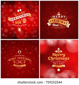 Set of Christmas golden and red greeting card templates. Vintage typographic badges, labels. Christmas snowflakes background. Vector Illustration