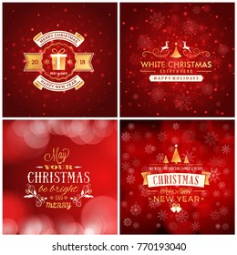 Set of Christmas golden and red greeting card templates. Vintage typographic badges, labels. Christmas snowflakes background. Vector Illustration