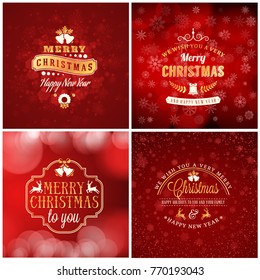 Set of Christmas golden and red greeting card templates. Vintage typographic badges, labels. Christmas snowflakes background. Vector Illustration