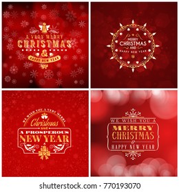 Set of Christmas golden and red greeting card templates. Vintage typographic badges, labels. Christmas snowflakes background. Vector Illustration