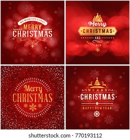 Set of Christmas golden and red greeting card templates. Vintage typographic badges, labels. Christmas snowflakes background. Vector Illustration