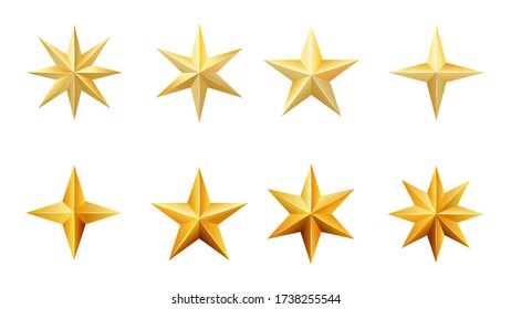 Set of christmas golden stars with different number of rays isolated on white background