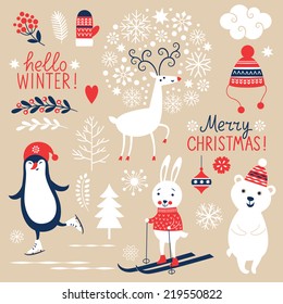 Set of Christmas graphic elements on beige background