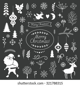 Set of Christmas graphic elements on a black background, collection design elements, vector images