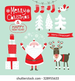 Set of Christmas graphic elements on a blue-green background, collection design elements