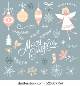 Set of Christmas graphic elements on a blue background, collection design elements