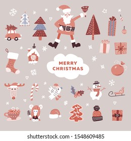 Set of Christmas graphic elements, Santa, xmas trees, snowman, and others design elements. Flat hand drawn doodle illustration