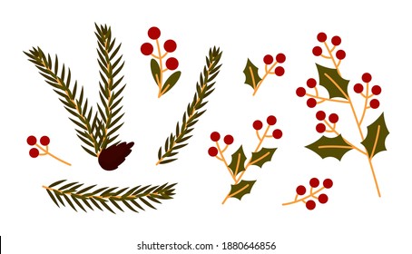 Set of Christmas green branches with pine cone, berries, leaves. Flat cartoon winter floral elements. Traditional symbol New year holiday. Decoration of mistletoe Isolated on white vector illustration