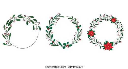 Conjunto de corona verde y roja de Navidad. colección de cuadros de decoración navideña. Las hojas verdes son bayas de invierno y flores de poinsettia decoración de marco redondo para la decoración de Holiday. Ilustración vectorial.