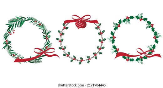 Conjunto de corona verde y roja de Navidad. colección de cuadros de decoración navideña. Las hojas verdes son bayas de invierno, cinta y adornos de adornos redondos marco para la decoración de Holiday. Ilustración vectorial.