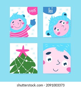 Set of Christmas greeting card with a cheerful fabulous Yeti. Simple vector illustration.