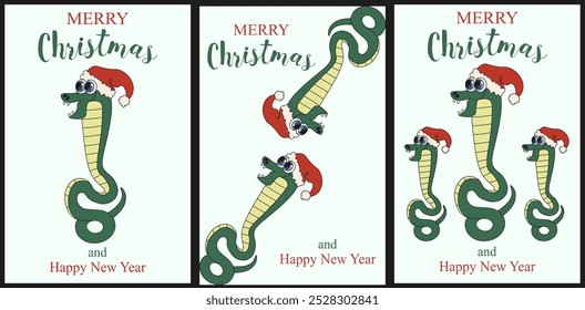 Defina o design de modelo de cobertura de cartão de saudação de Natal com Snake e texto de saudação. Definir 2025 novo cartão postal de ano. Ilustração vetorial em estilo plano na moda. EPS 10