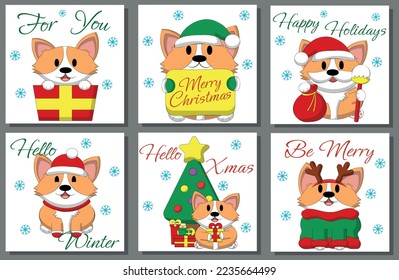 Set Christmas greeting card with cute welsh Corgi