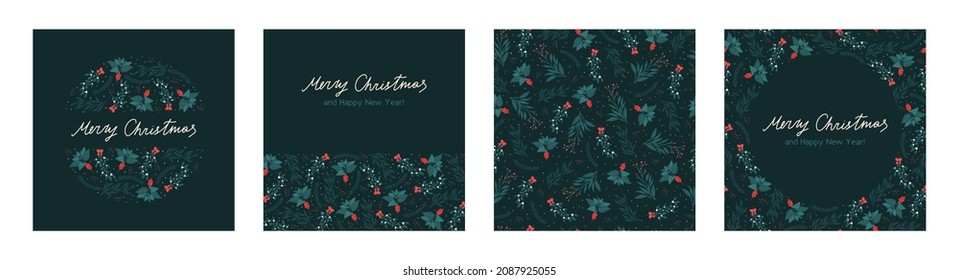 Set of Christmas greeting card with floral seamless pattern and hand drawn lettering text, flat vector illustration. Winter flowers and plants with berries. New Year celebration and invitation banner.