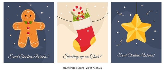 Set Christmas greeting card with gingerbread, Christmas stocking and star. Vector illustration 