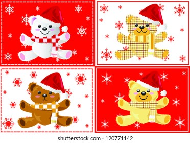 Set of Christmas Greeting Card with Teddy bears in difference background. Vector illustration.