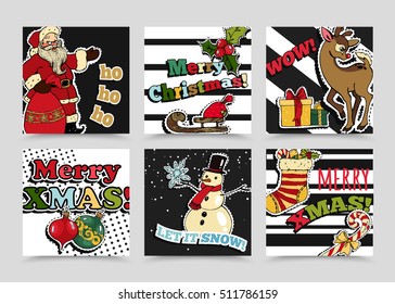 Set of Christmas greeting card template with retro patch badges, stickers. Vector illustration eps 10 format.