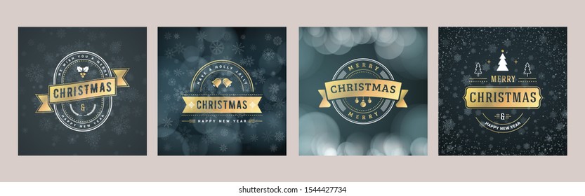 Set of Christmas greeting card templates. Vintage typographic badges, labels. Christmas snowflakes background. Vector Illustration