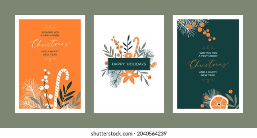 Set of Christmas greeting card templates with floral elements and handwritten calligraphy. Trendy vintage style. 