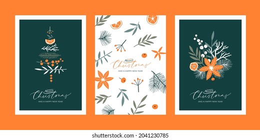 Set of Christmas greeting card templates with floral elements and handwritten calligraphy. Trendy vintage style. 