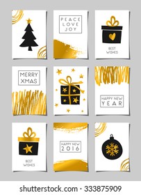 A set of Christmas greeting card templates in black, white and gold. Modern abstract brush strokes and doodles combined with traditional Christmas elements - gifts boxes, Christmas tree and bauble.